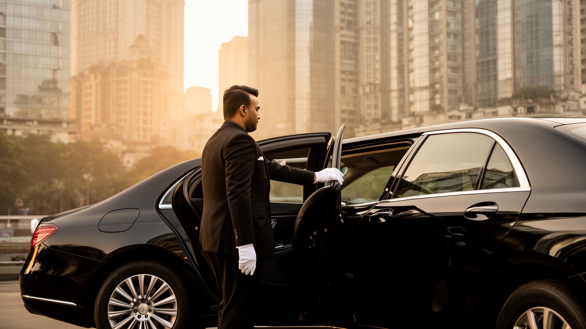 Professional chauffeur in a black suit opening the door of a luxury sedan in front of a Mumbai skyline