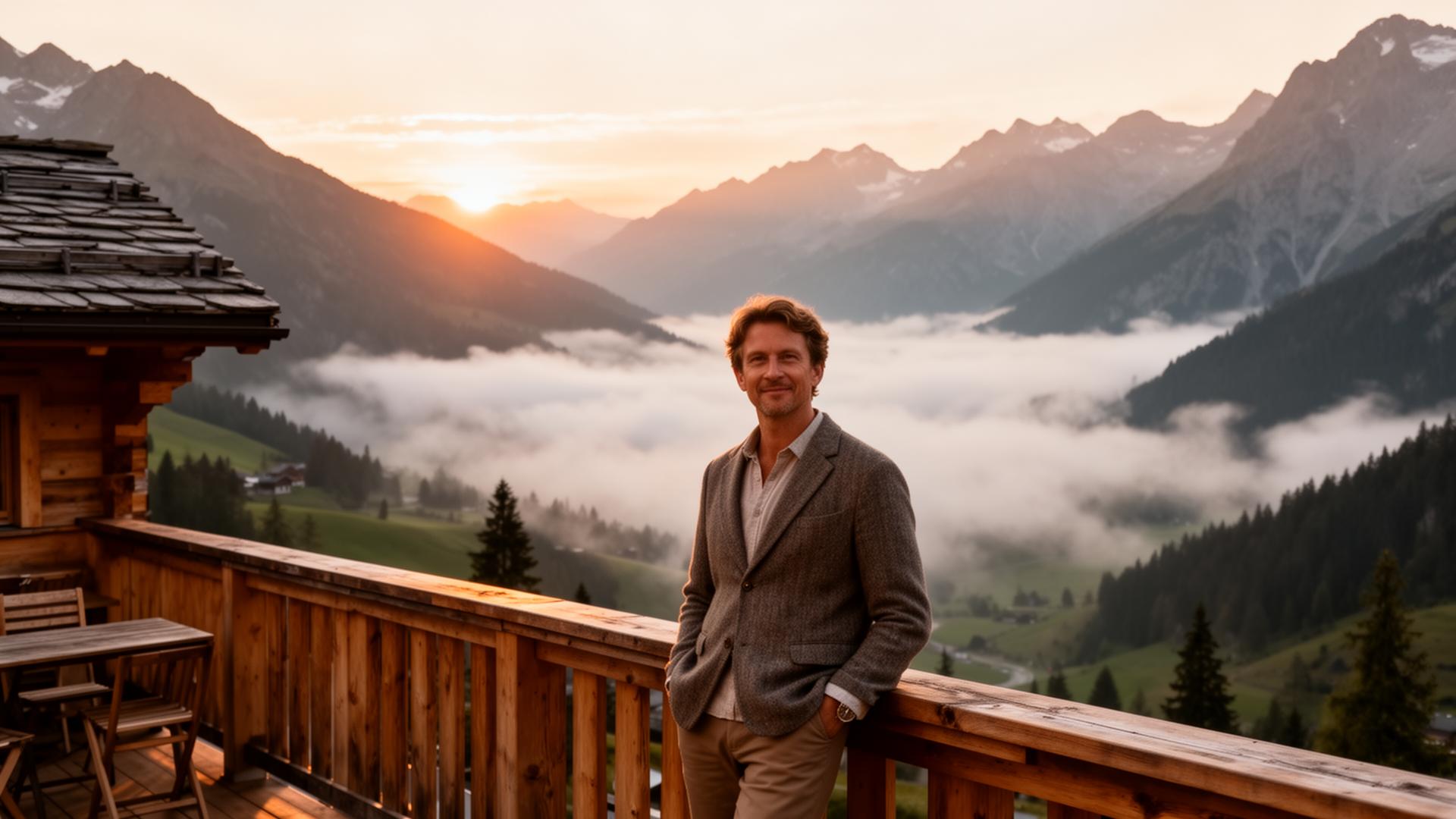 Boutique lodge owner at sunrise overlooking misty alpine valley