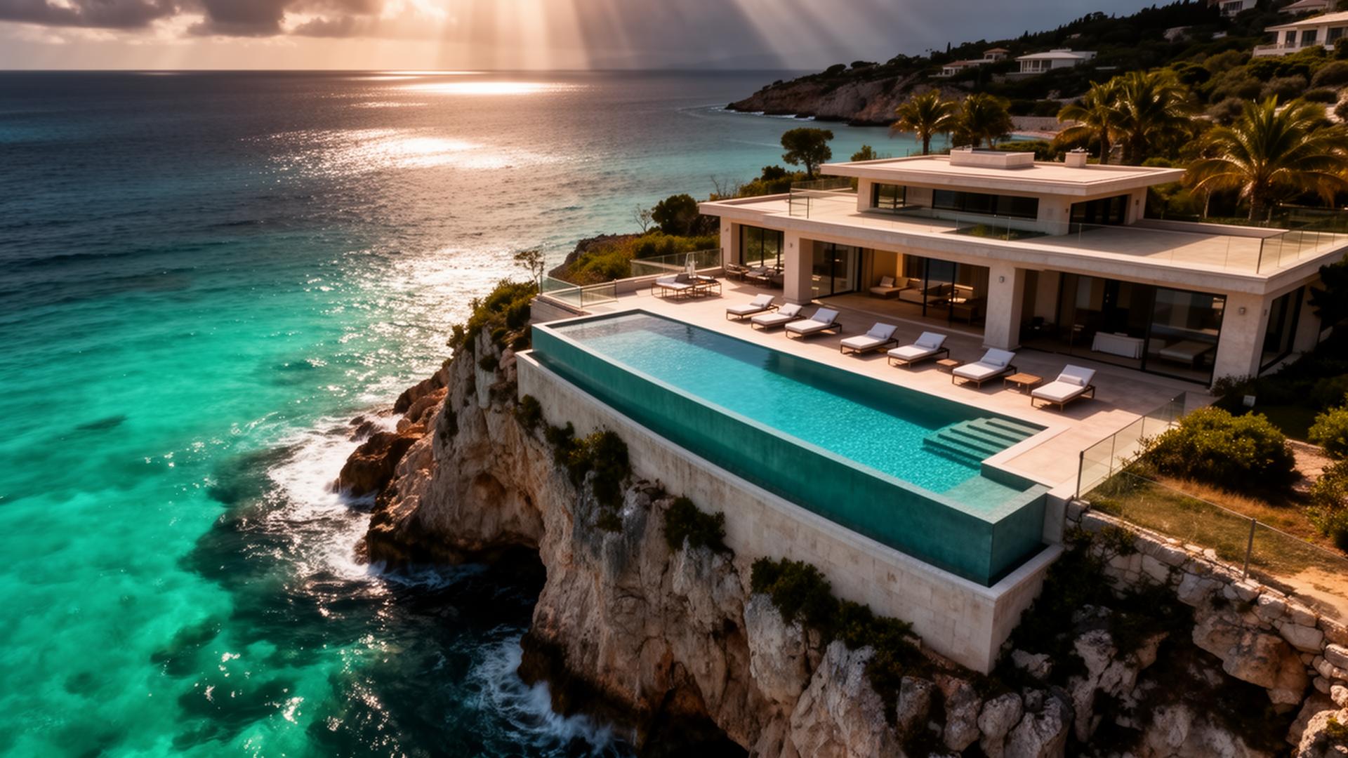 Aerial view of a private cliffside villa with infinity pool
